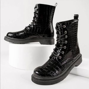 Vegan Crocodile Leather Lace Up Combat Boots